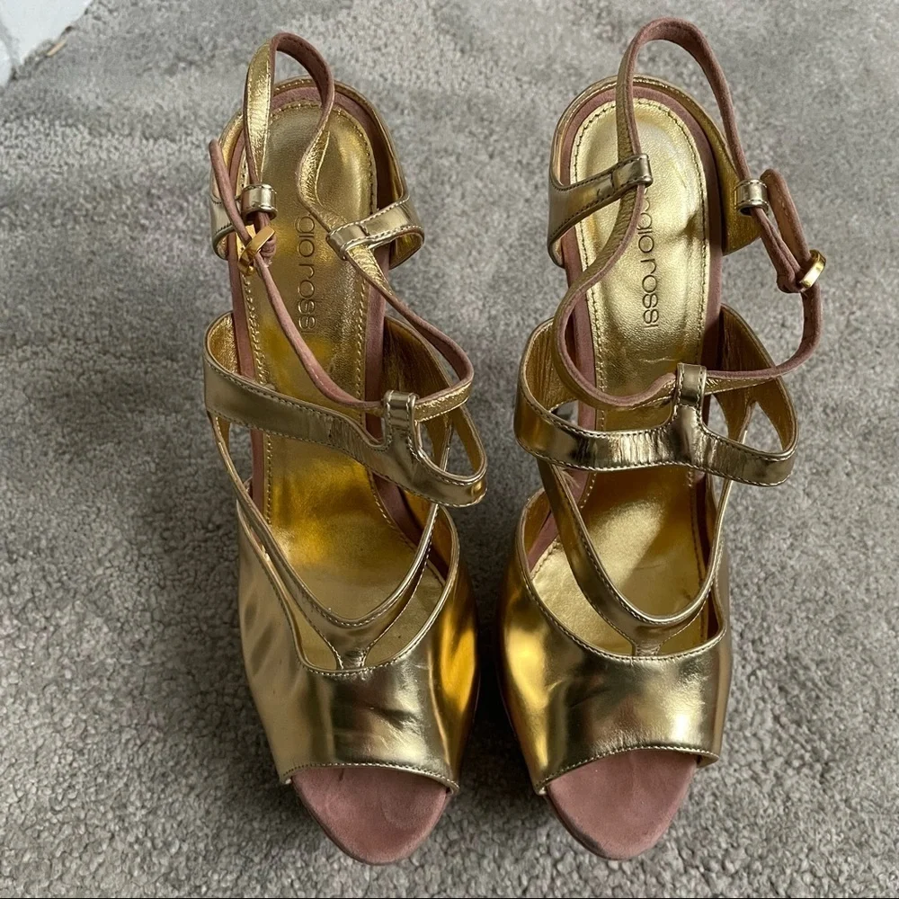 Sergio Rossi Gold Metallic Strappy Color Block Platform Sandals EUC Size 38.5